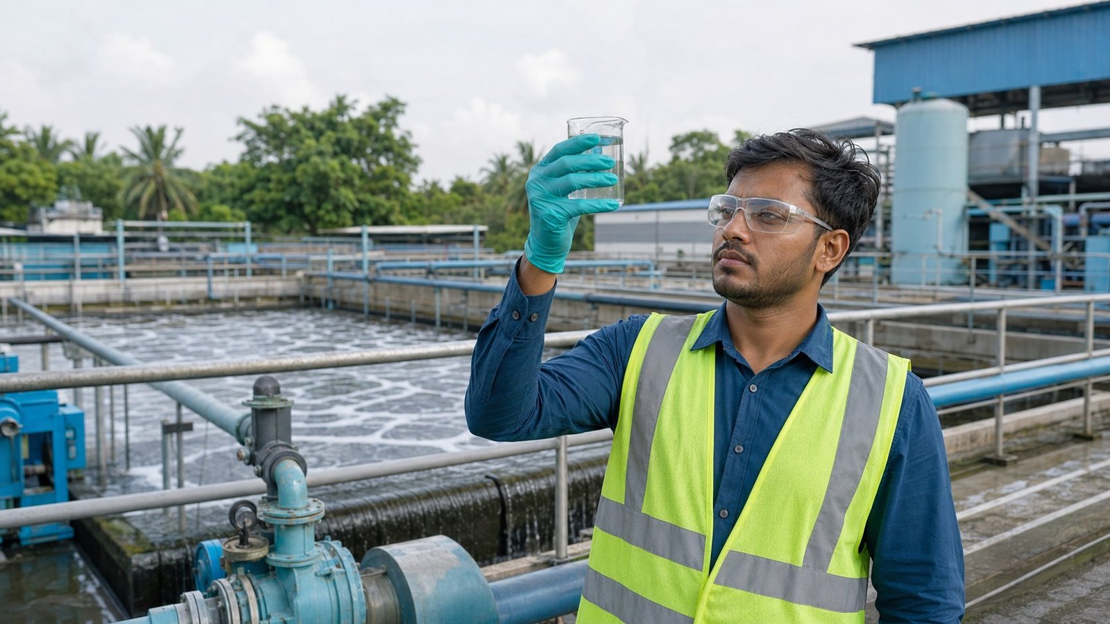 Engineer checking wastewater treatment sample at textile ETP