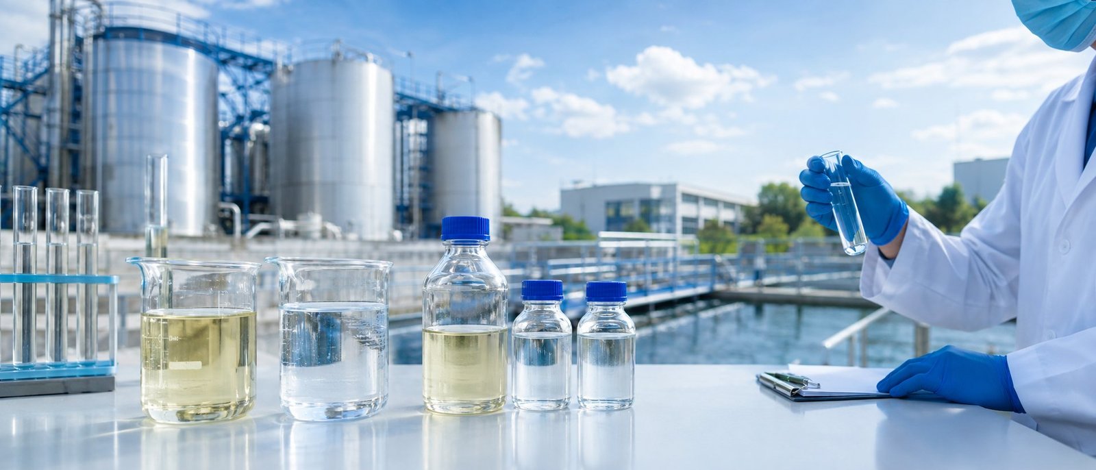 water treatment chemical factory and laboratory sample testing hero image