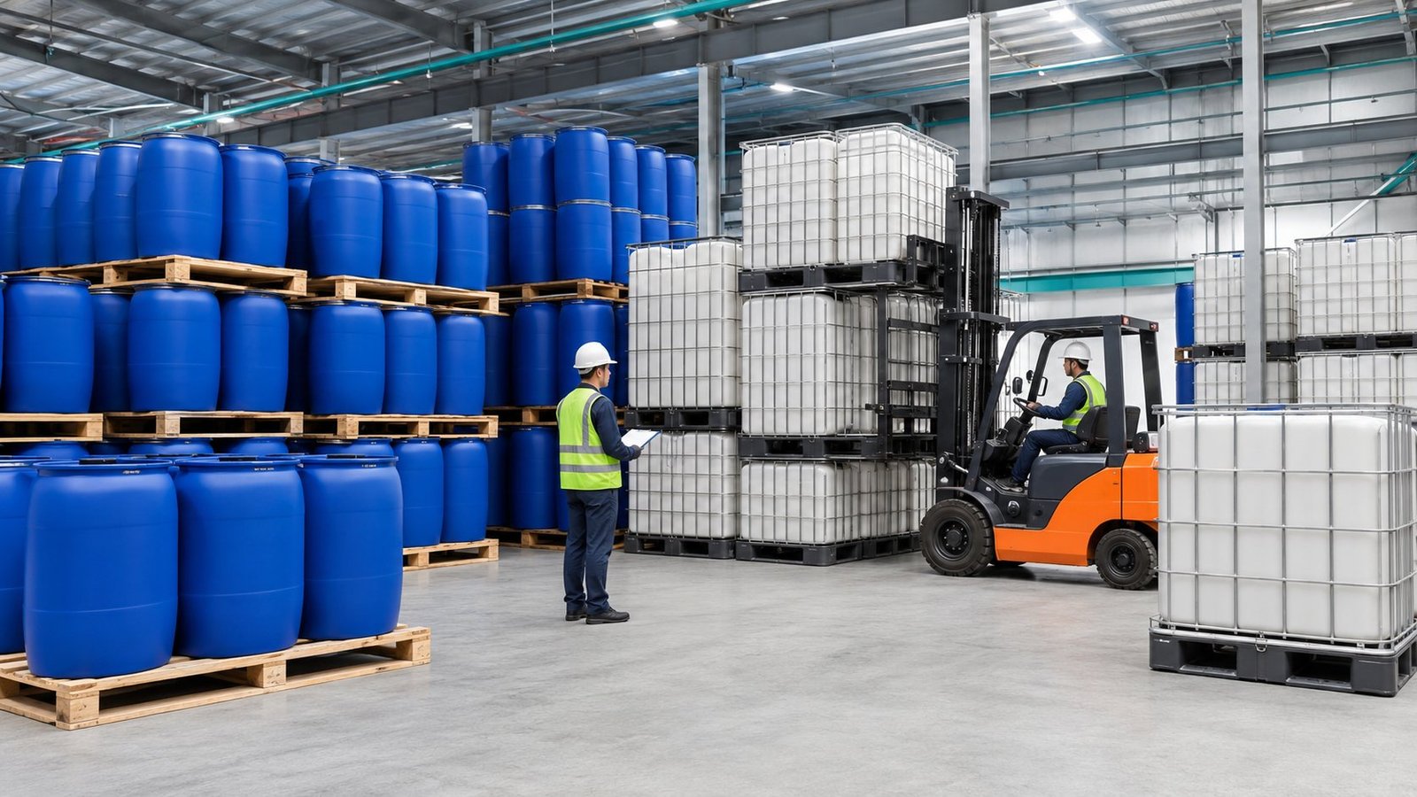 water treatment chemical drums and IBC warehouse packaging