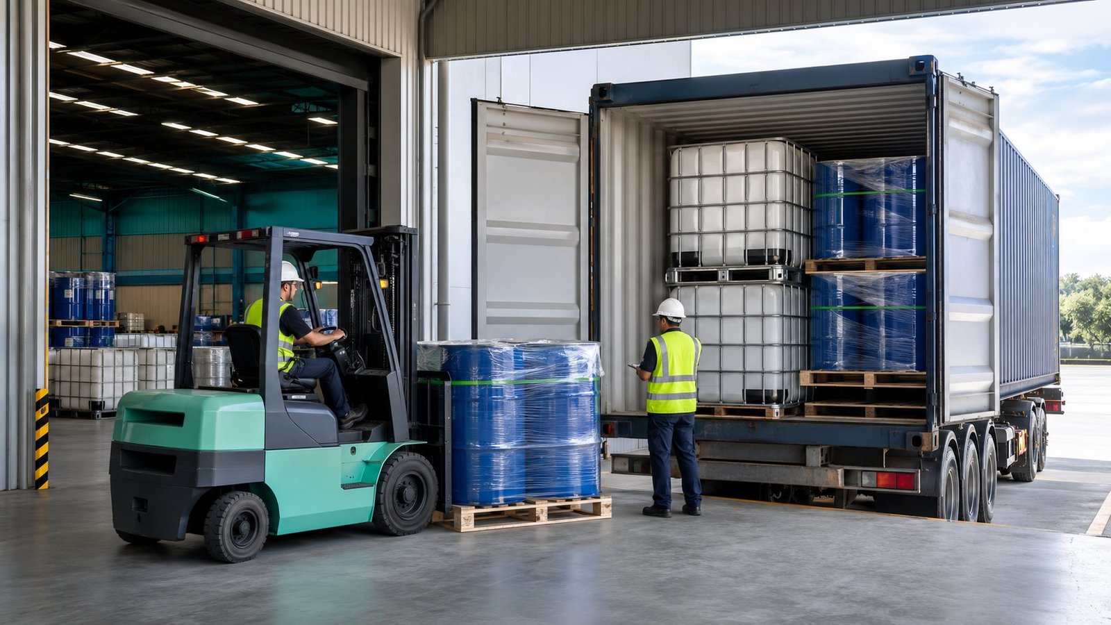water treatment chemical drums and IBC container loading for export shipping