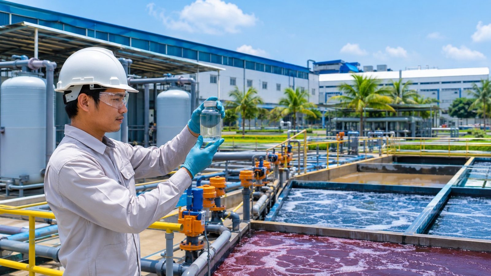 Vietnam textile printing and dyeing wastewater treatment plant water sample checking