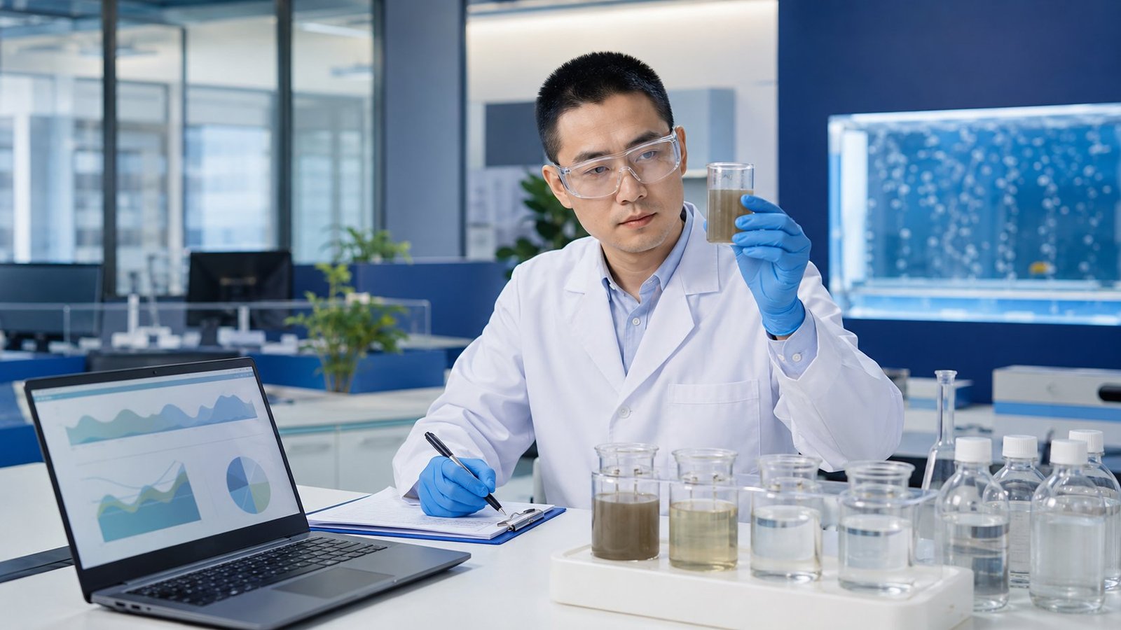 technical service engineer analyzing wastewater sample data for dosage recommendation