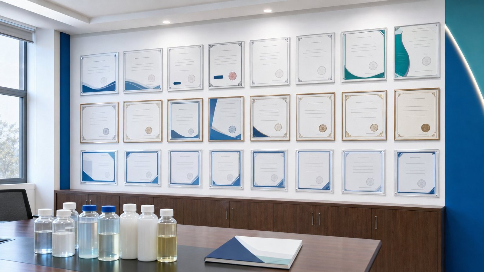 Certificate wall and sample bottles for water treatment chemical supplier qualification