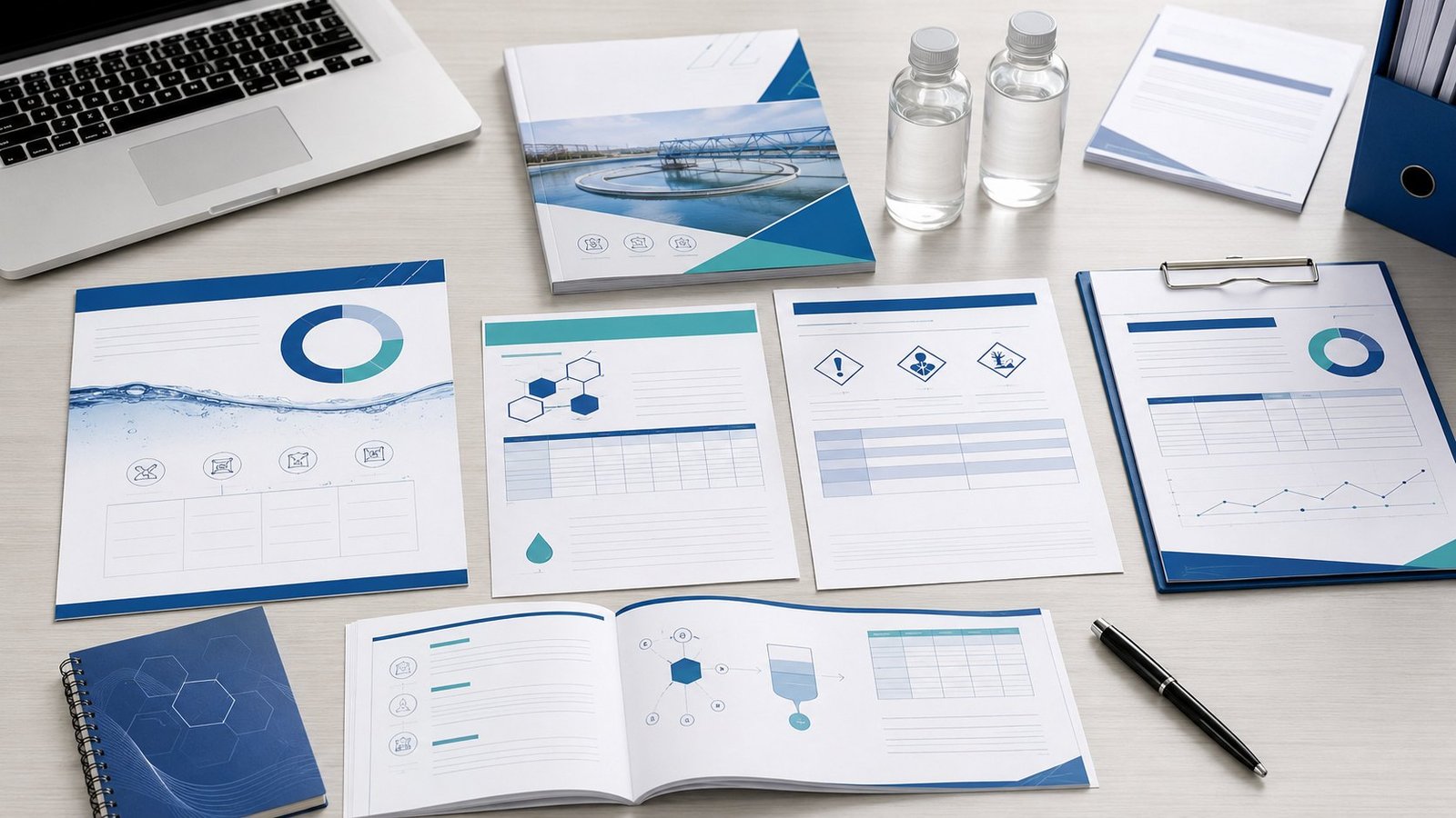 Water treatment chemical brochure, TDS, MSDS and COA document set for export buyers