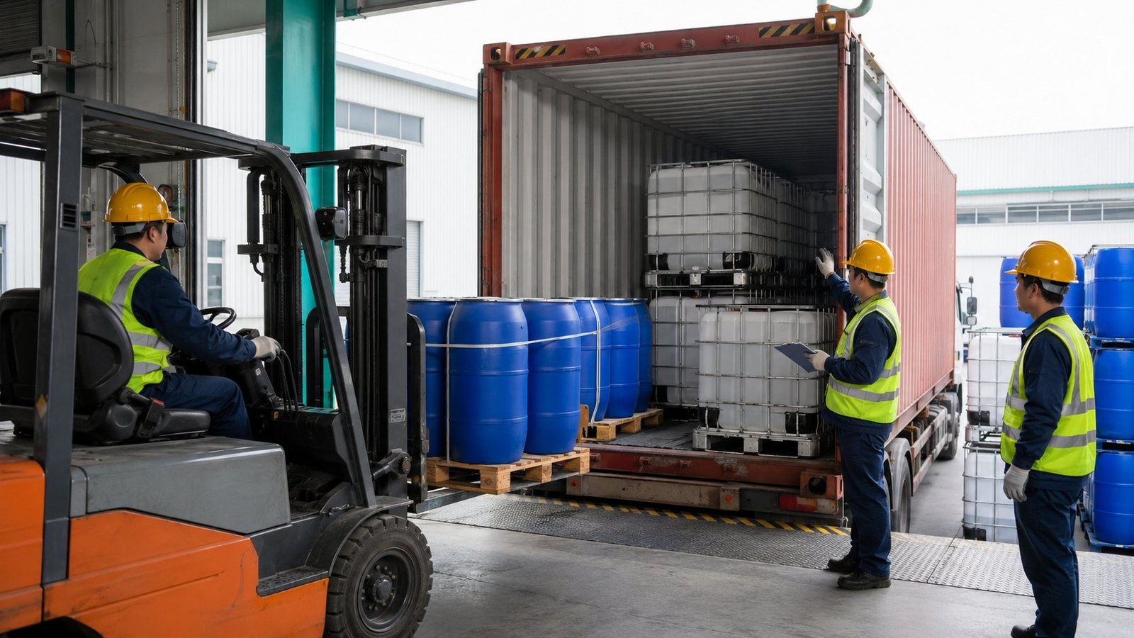 Export container loading with blue drums and IBC packaging for water treatment chemicals