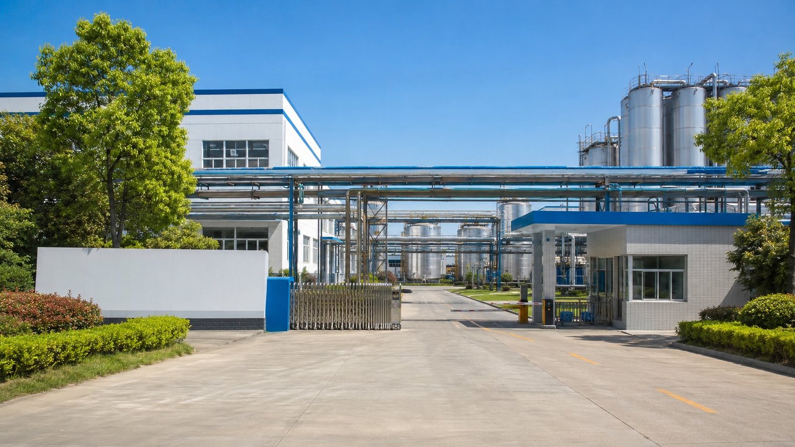 Clean water treatment chemical factory entrance and production plant exterior