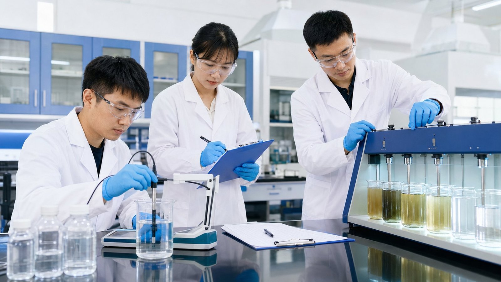 Quality control team performing jar test and pH measurement for wastewater samples