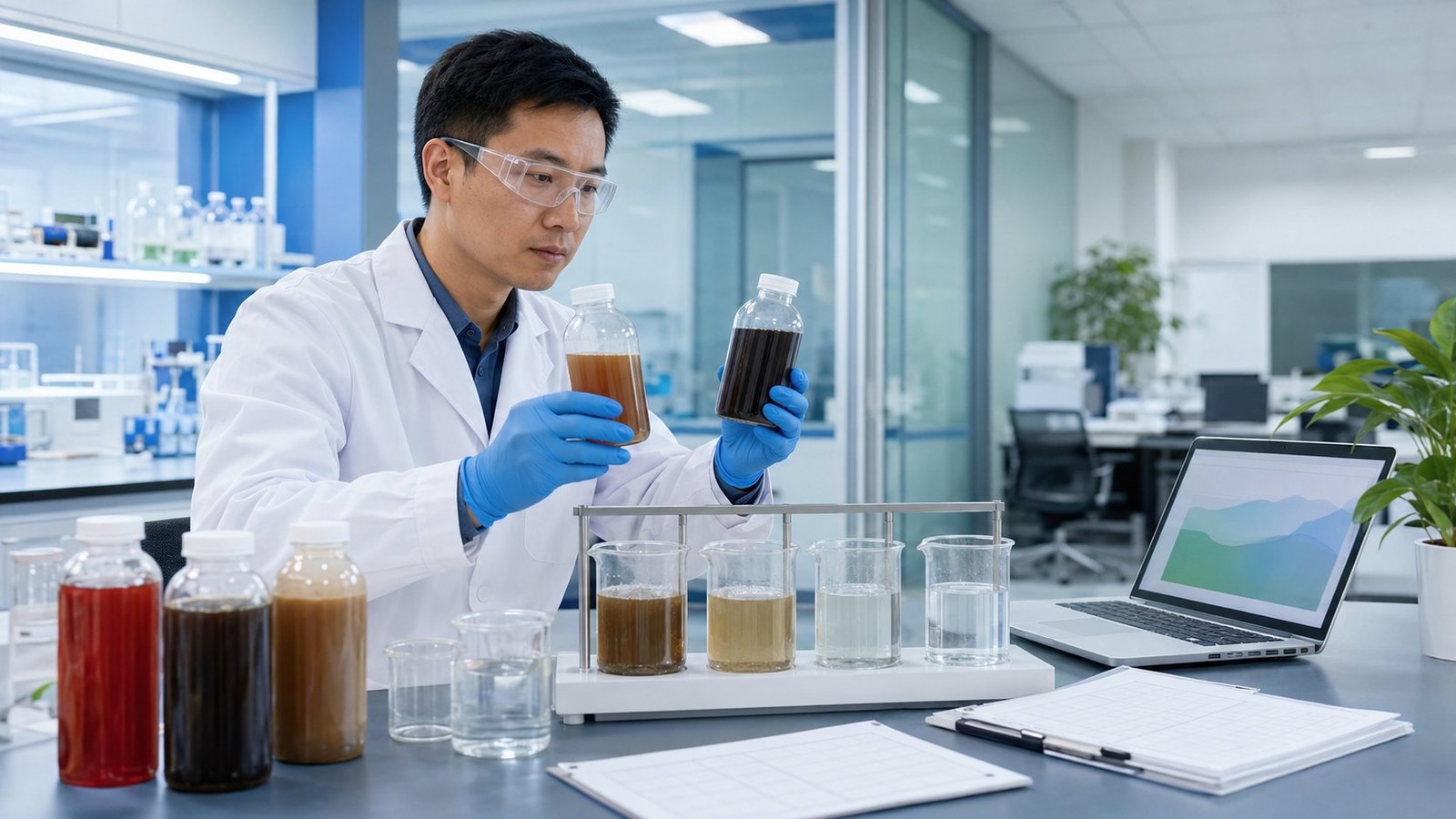 Laboratory sample analysis for wastewater decolorization and dosage recommendation