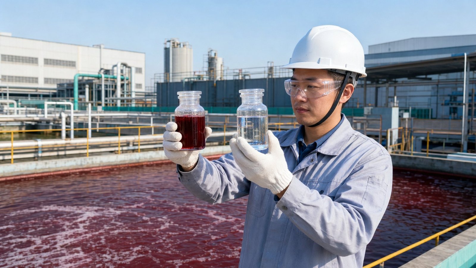 Engineer comparing raw red textile wastewater and treated clear water at an industrial wastewater plant