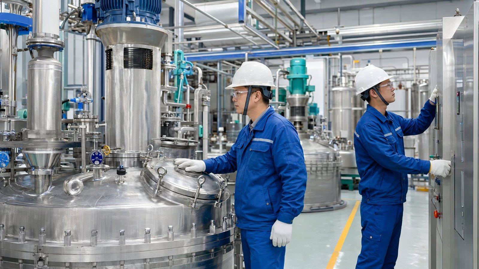 Clean production workshop with stainless reactors and operators for water treatment chemicals