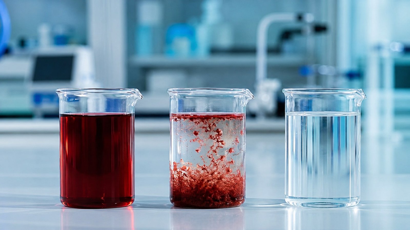 Before and after decolorization beakers for textile wastewater