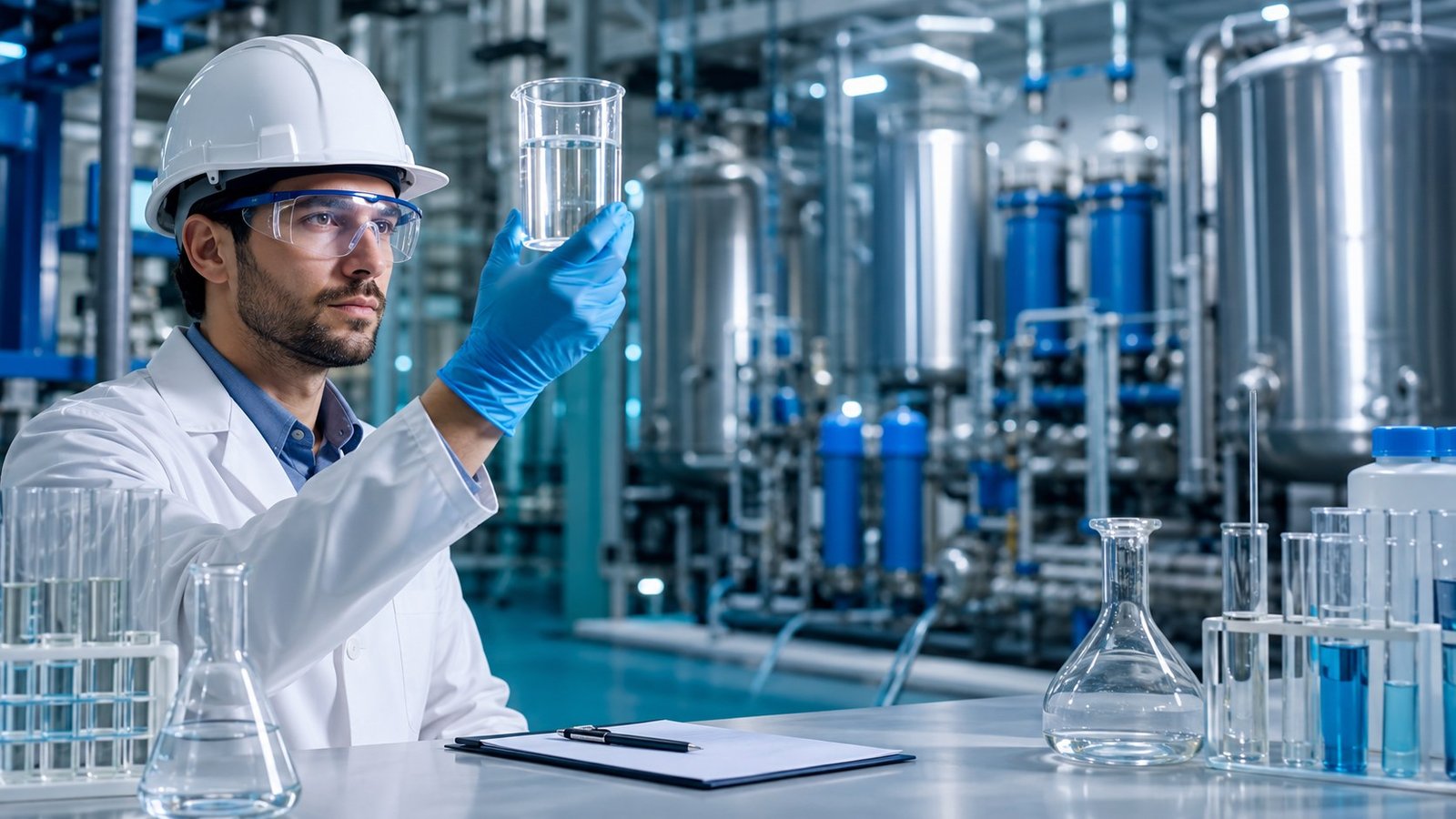 Engineer testing water treatment chemicals in factory laboratory