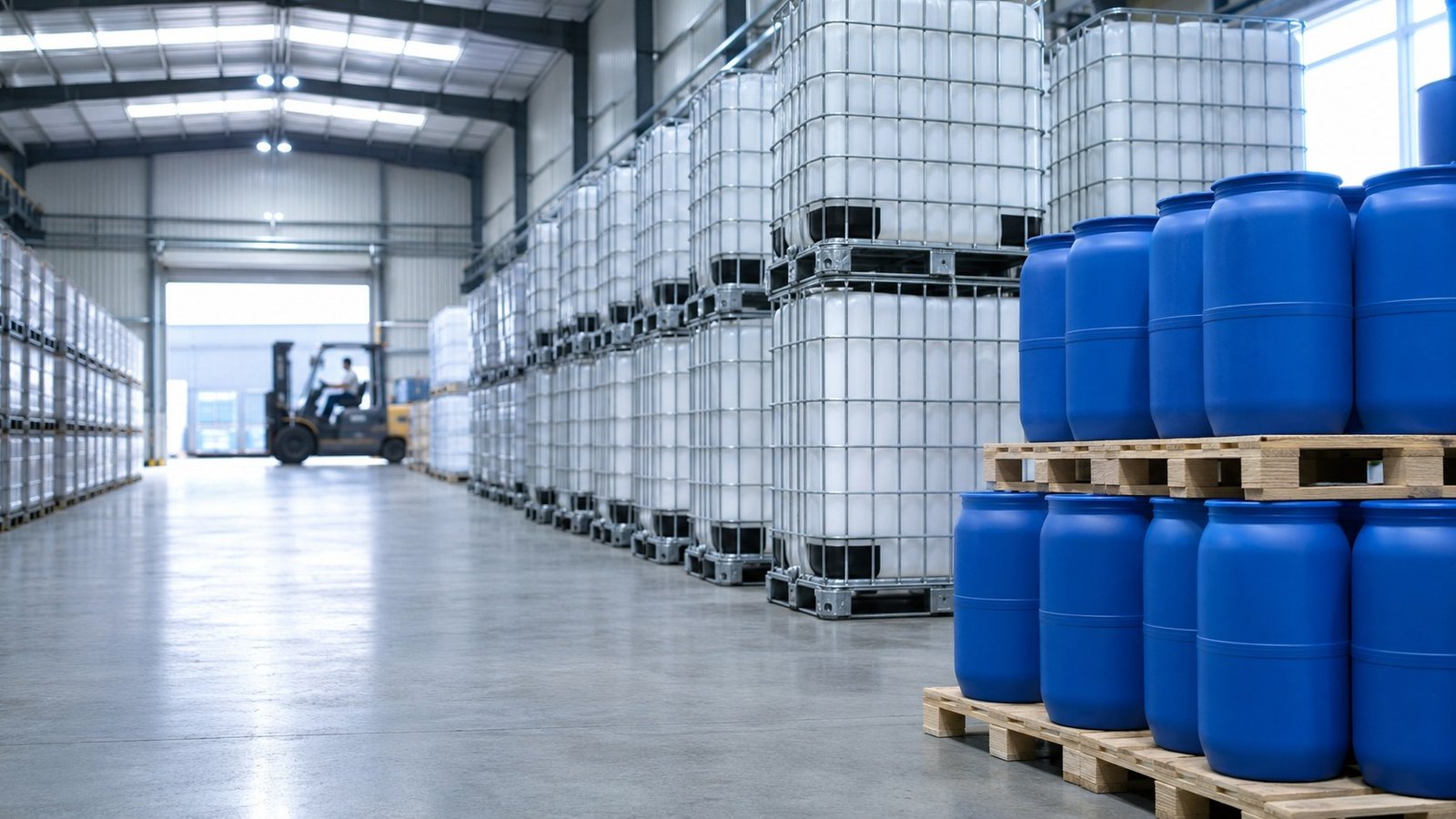 IBC tanks and blue drums for water treatment chemical export packaging