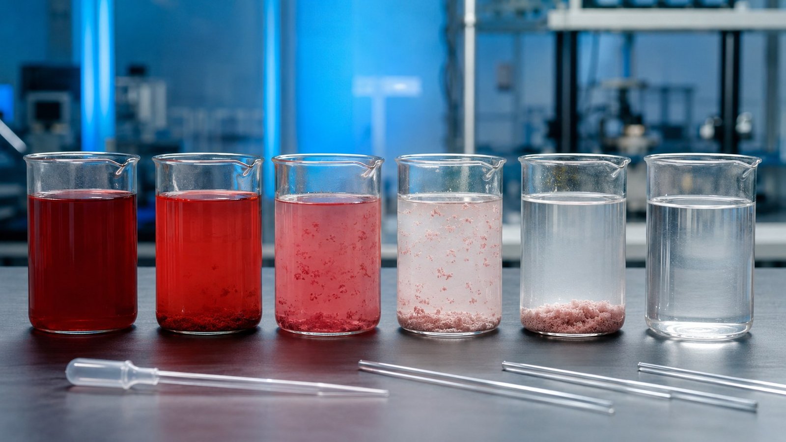 Jar test process showing textile wastewater color removal stages