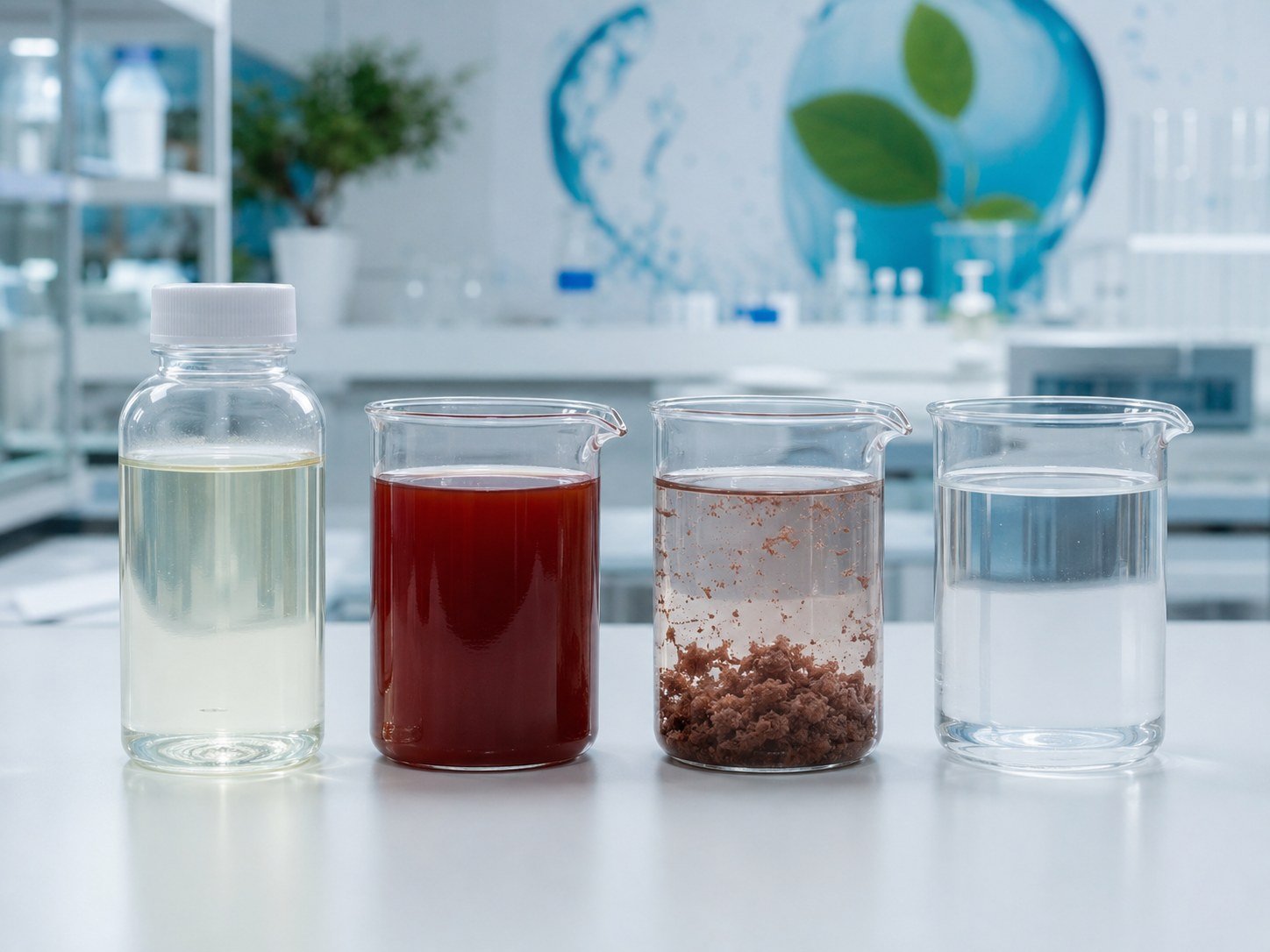 Water decoloring agent product samples and treated wastewater beakers