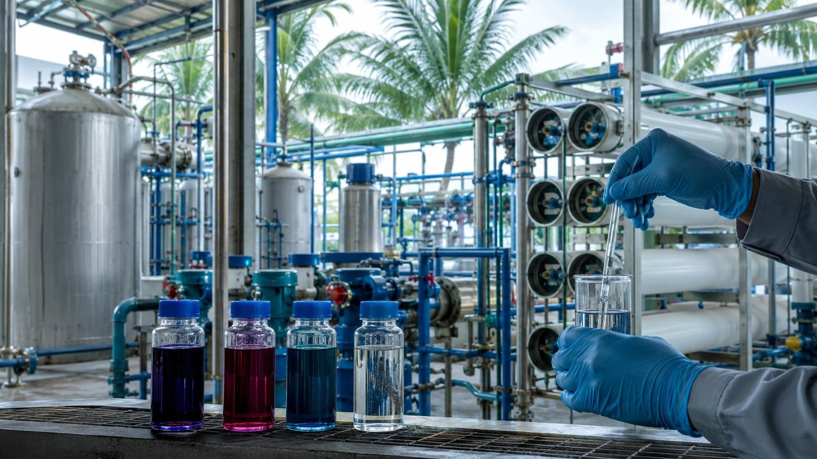 Water treatment chemical samples in industrial laboratory