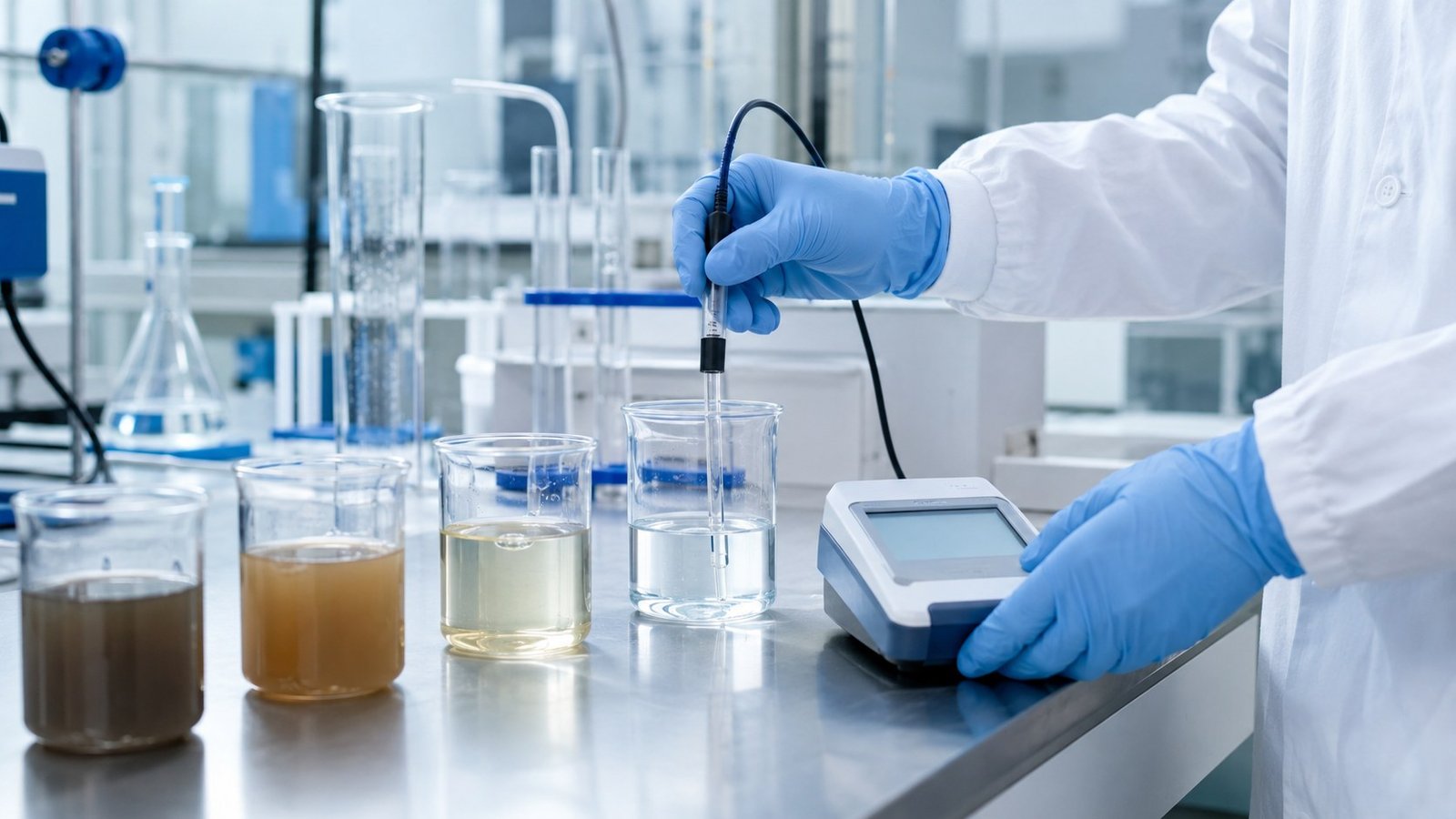 Quality control laboratory pH and jar test for water treatment chemicals