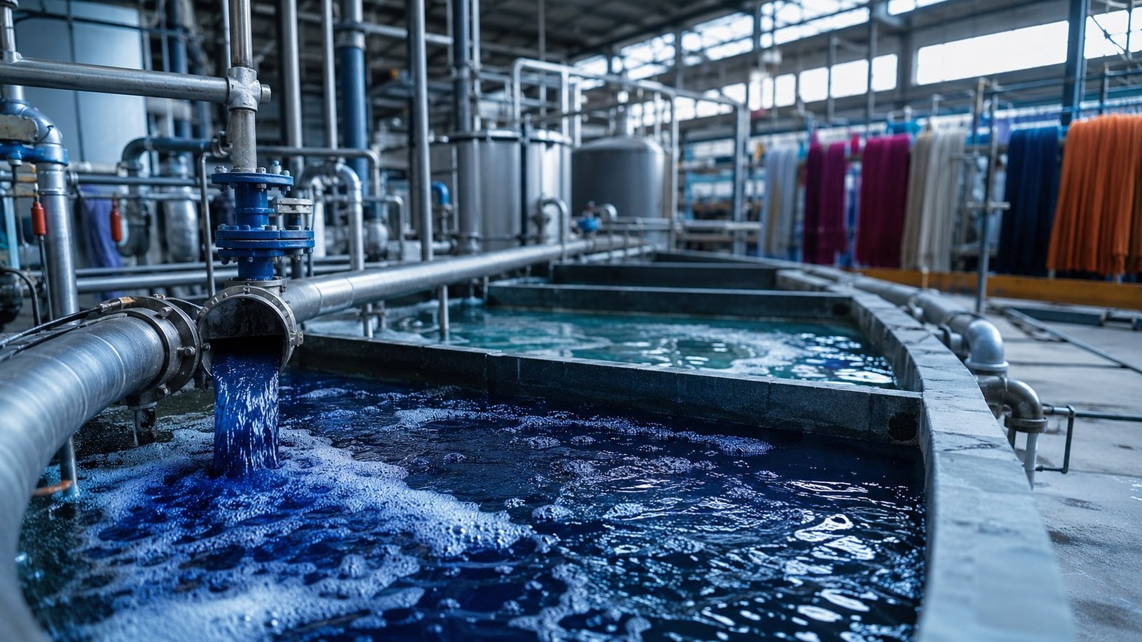 Textile wastewater treatment tanks in industrial facility
